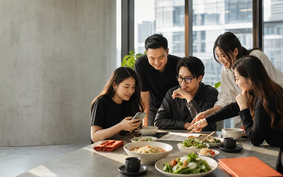 Một nhóm đồng nghiệp cùng trao đổi trong bữa trưa tại văn phòng